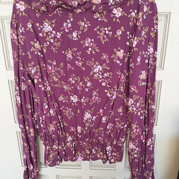 Plus Sz16/18 New Tags Faded Glory Blouse BOHO Maroon Floral Ruffle Scoop Neck - Picture 9 of 13